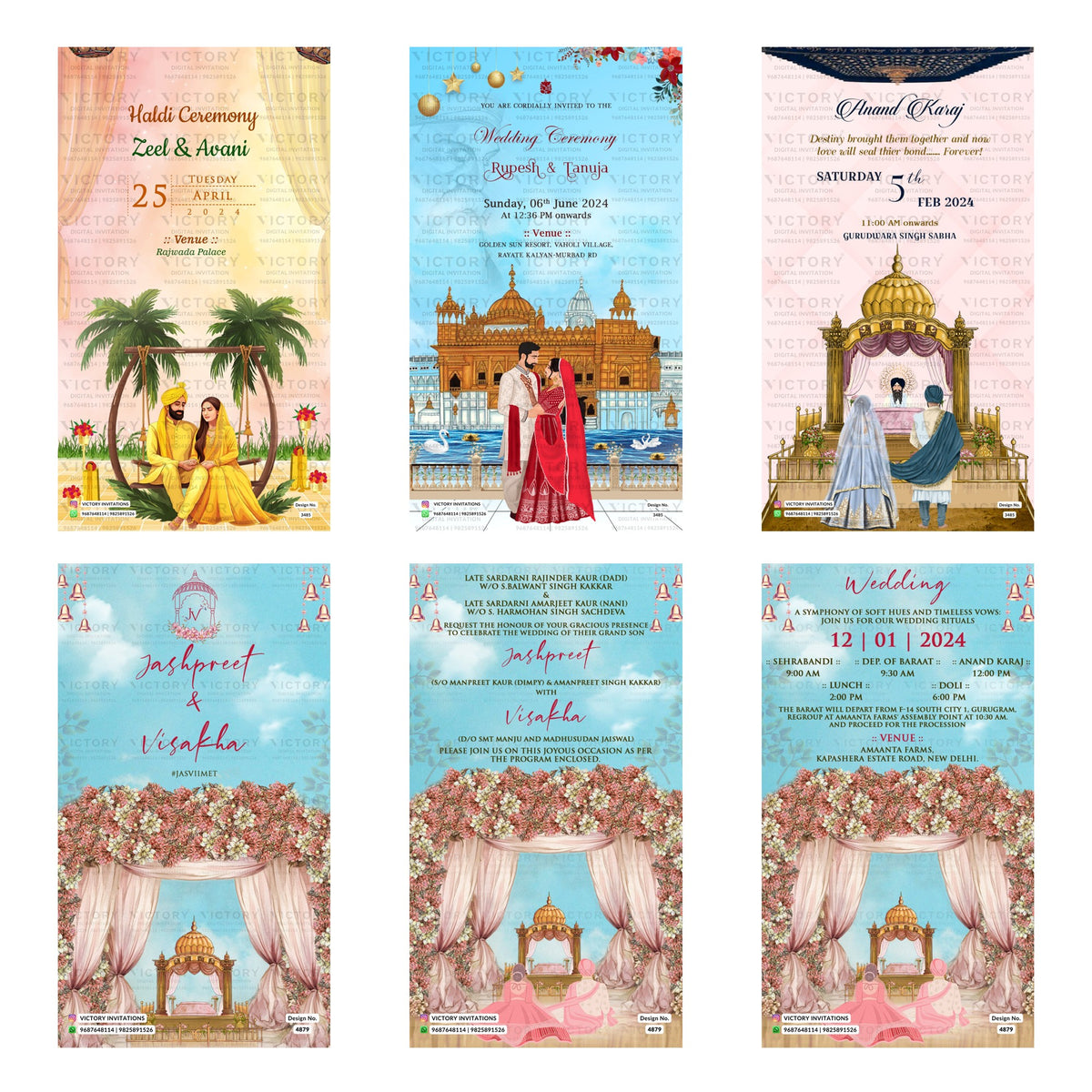 Traditional Indian wedding digital invitation card set 3292 featuring Zeel and Avani, Rupesh and Tanuja, and Jashpreet and Visakha templates with Kakkar family branding   