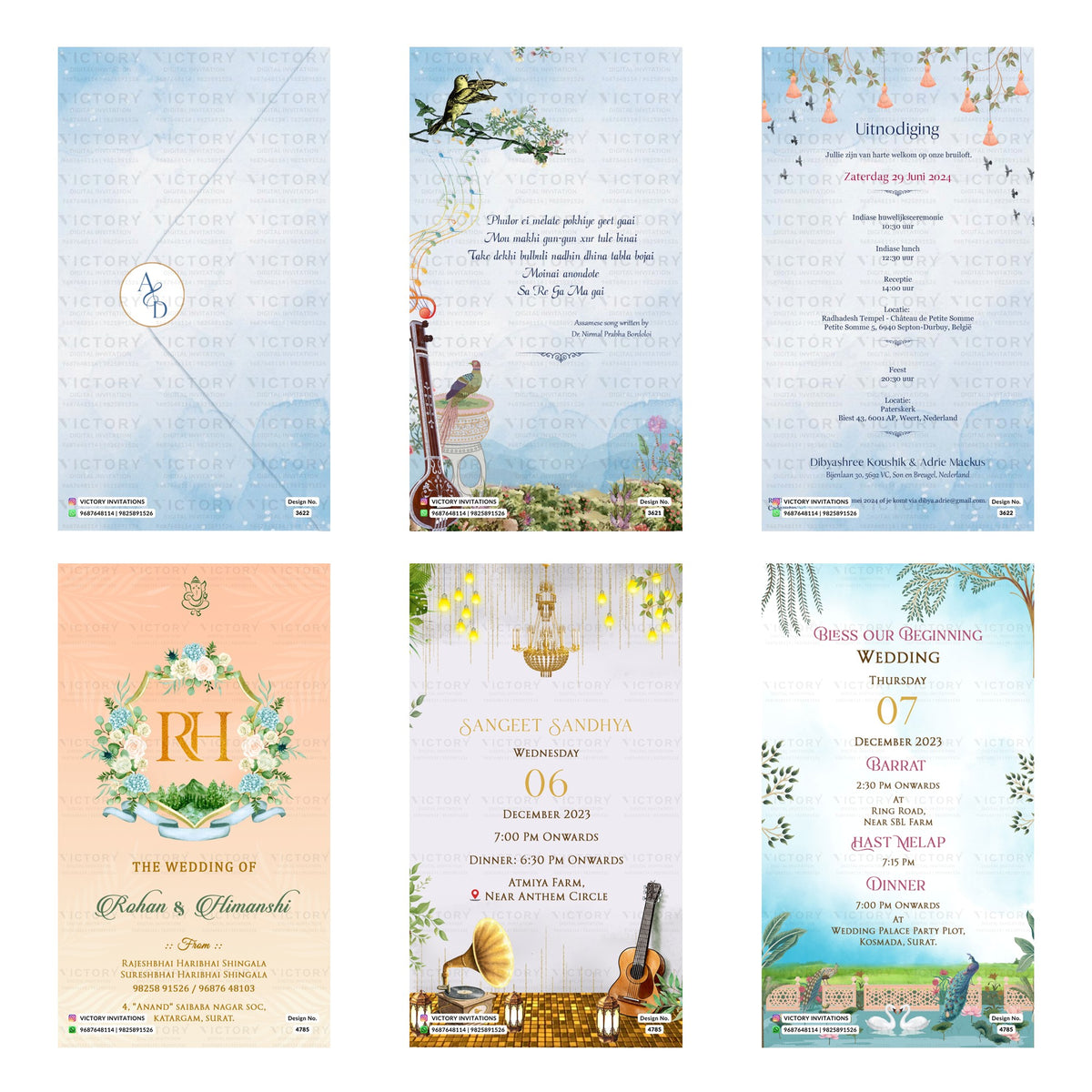 Traditional Indian wedding digital invitation card set 3294 featuring Rohan and Himanshi templates with Shingala family branding   