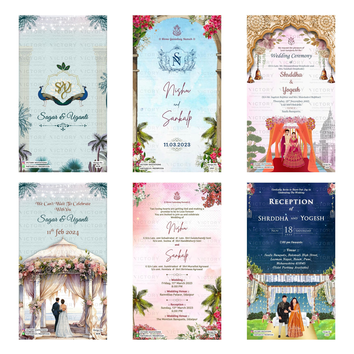 Traditional Indian wedding digital invitation card set 3295 featuring Sagar and Uganti, Nishu and Sankalp, and Shraddha and Yogesh templates   