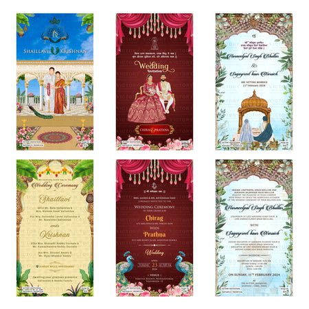Traditional Indian wedding digital invitation card set 3296 featuring Shaillavi and Krishnan, Chirag and Prathna, and Harmeefpal Singh Bhullar and Sagarpreet Kaur Waraich templates   