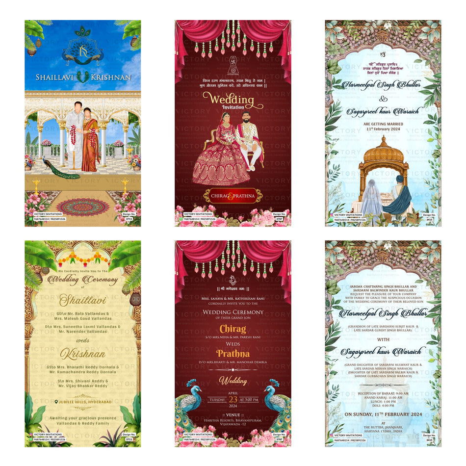 Traditional Indian wedding digital invitation card set 3296 featuring Shaillavi and Krishnan, Chirag and Prathna, and Harmeefpal Singh Bhullar and Sagarpreet Kaur Waraich templates   