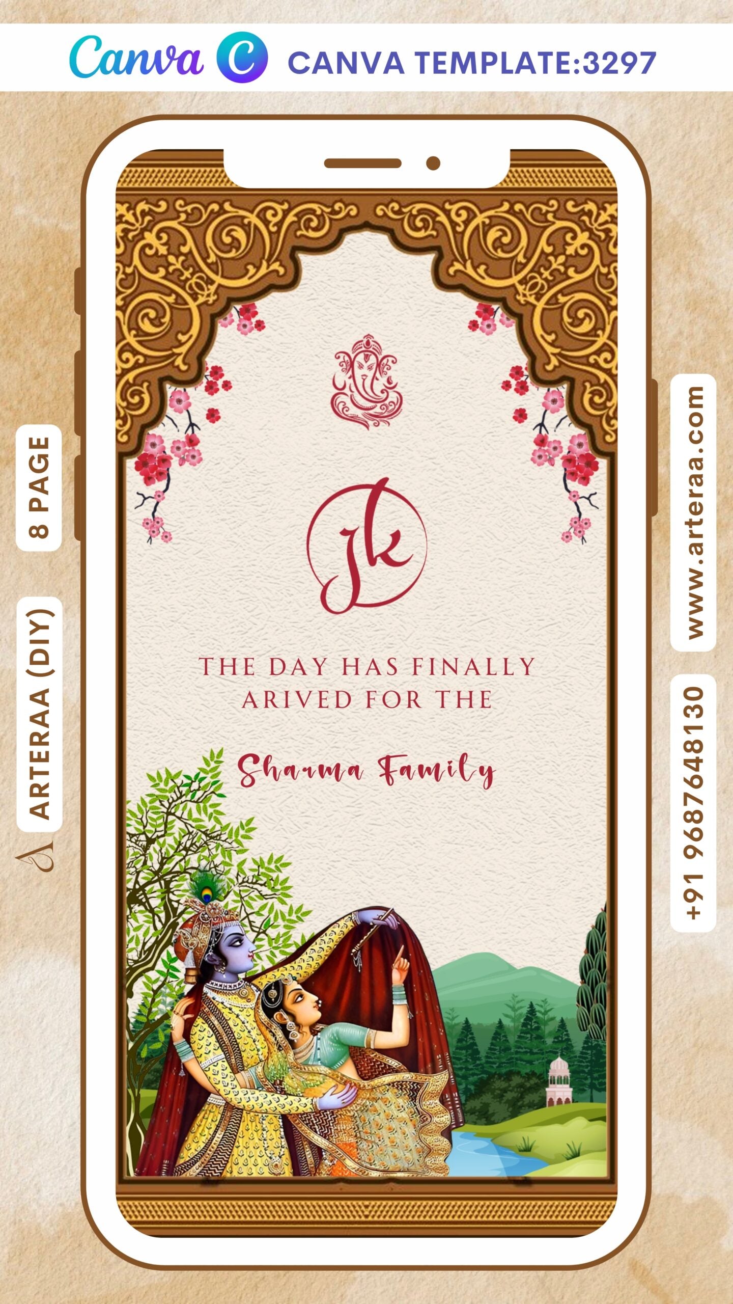 Wedding ceremony invitation Canva Editable video Template of hindu gujarati patel family in English language with Traditional arch theme design 3297