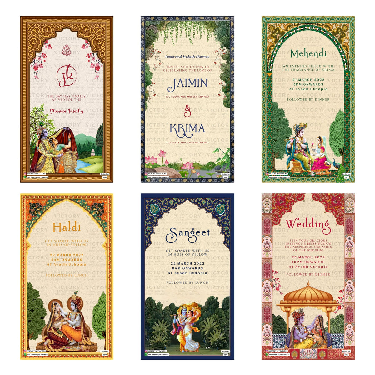 Six Indian wedding invitation card designs arranged in a 2x3 grid, featuring traditional motifs, illustrations of Hindu deities, and elegant typography on cream, green, blue, and gold backgrounds.