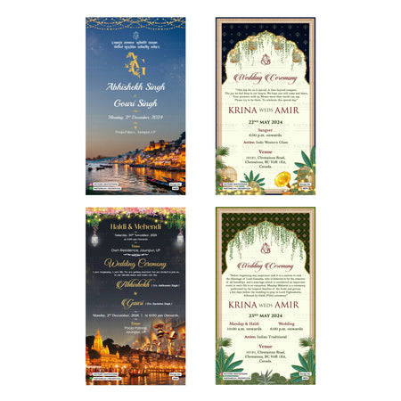 Traditional Indian wedding digital invitation card set 3297 featuring Abhishek Singh and Gouri Singh, and Krina and Amir templates   