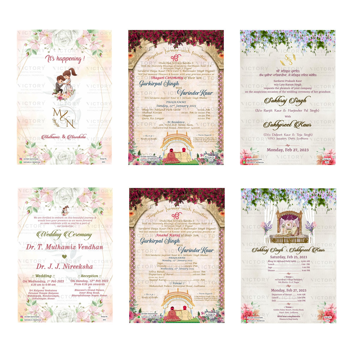 Traditional Indian wedding digital invitation card set 3298 featuring Muthamiz Vendhan and Nireeksha, Gurkirpal Singh and Varinder Kaur, and Sukhraj Singh and Sukhpreel Kaur templates   