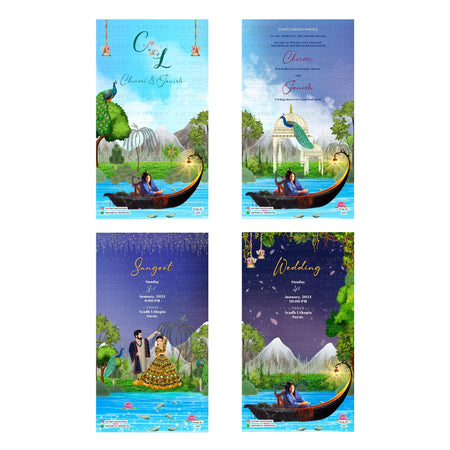Four vertical wedding invitation card designs arranged in a 2x2 grid on a white background. Each card features a colorful illustrated scene with a boat, couple, mountains, water, and decorative text such as 'C & L', 'Chennai & Chennai', 'Sangeet', and 'Wedding'.
