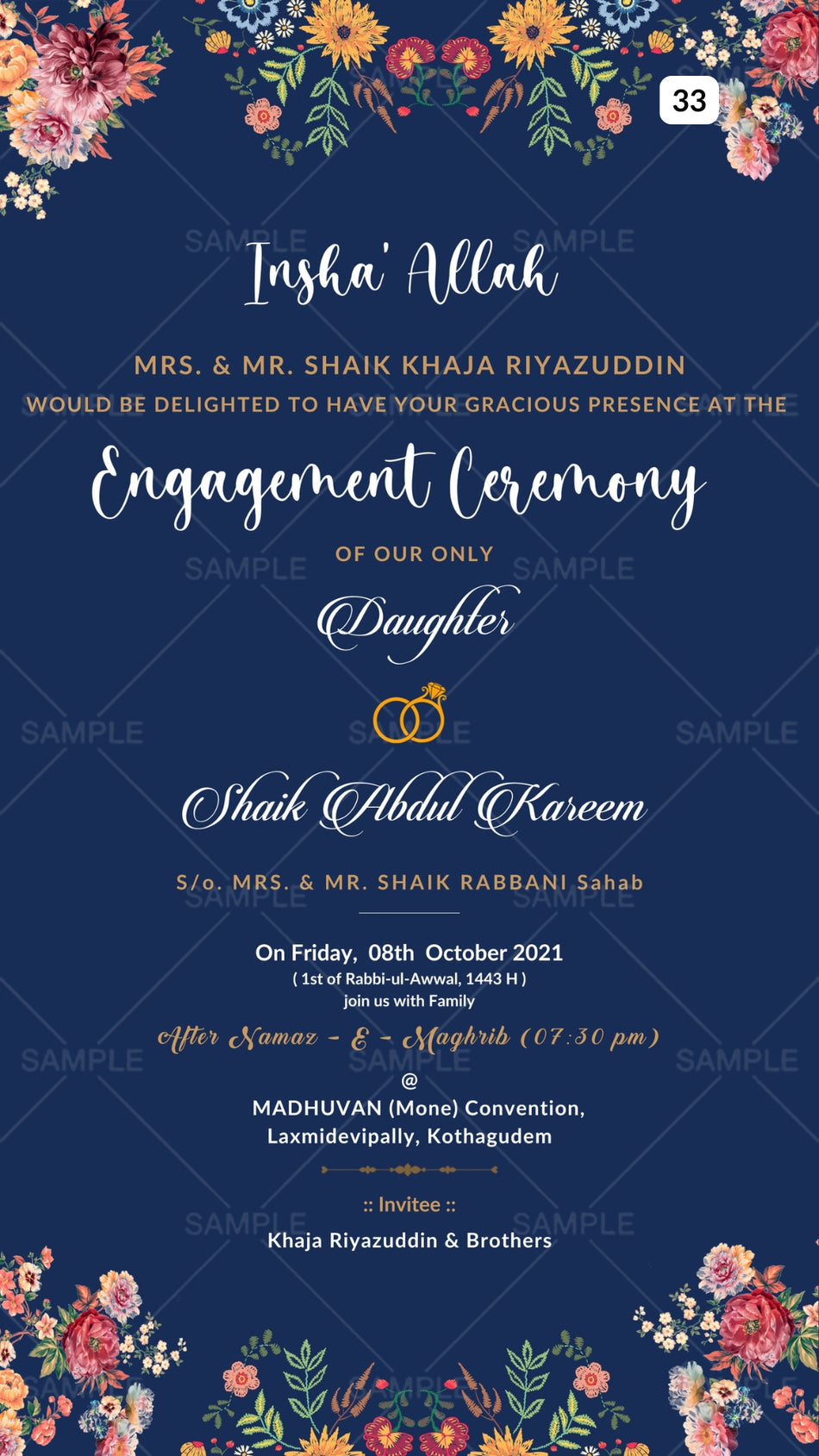 Engagement ceremony invitation card Canva Editable Template in english language with green leaves as floral theme design 33