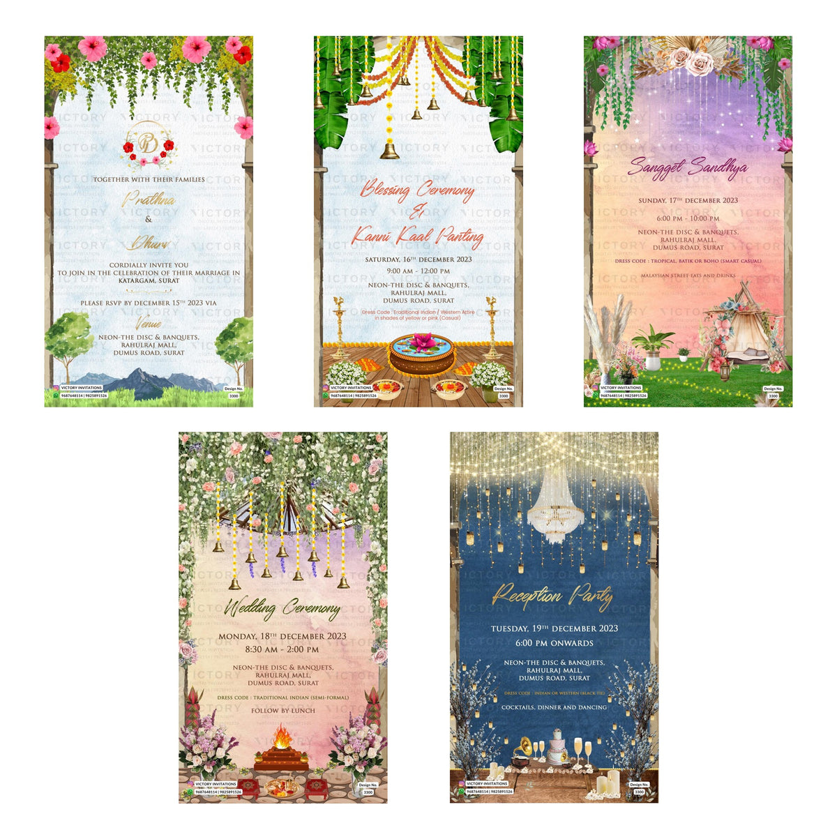 Traditional Indian wedding digital invitation card set 3300 featuring , Blessing Ceremony & Kanni Kaal Panting, Sangeet Sandhya, Wedding Ceremony, and Reception Party templates at Neon The Disc and Banquets Surat.