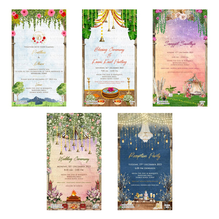 Traditional Indian wedding digital invitation card set 3300 featuring , Blessing Ceremony & Kanni Kaal Panting, Sangeet Sandhya, Wedding Ceremony, and Reception Party templates at Neon The Disc and Banquets Surat.