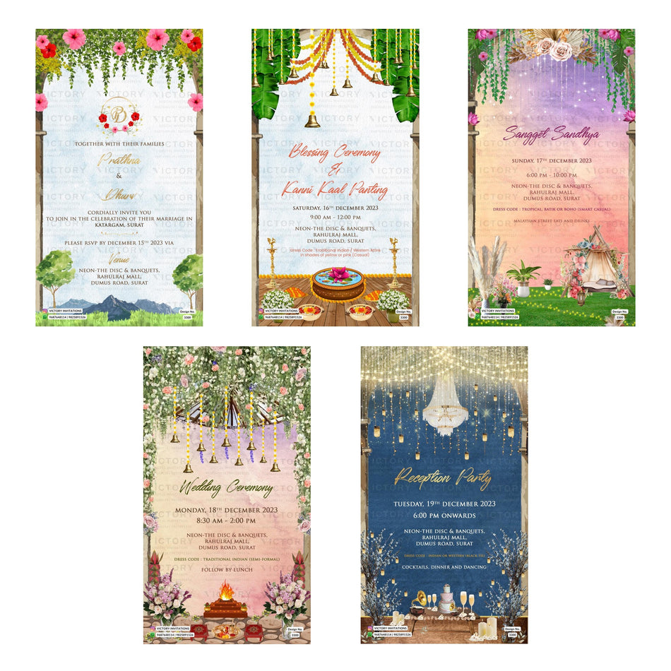 Traditional Indian wedding digital invitation card set 3300 featuring , Blessing Ceremony & Kanni Kaal Panting, Sangeet Sandhya, Wedding Ceremony, and Reception Party templates at Neon The Disc and Banquets Surat.