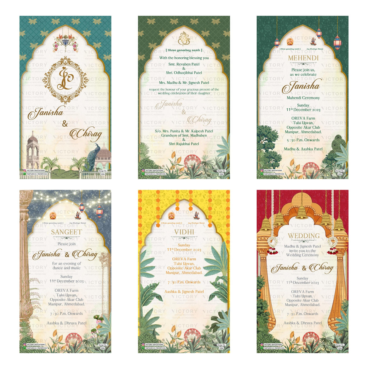 Traditional Indian wedding digital invitation card set 3306 featuring Janisha and Chirag, Mehendi, Sangeet, Vidhi, and Wedding templates at OREVA Farm Ahmedabad.