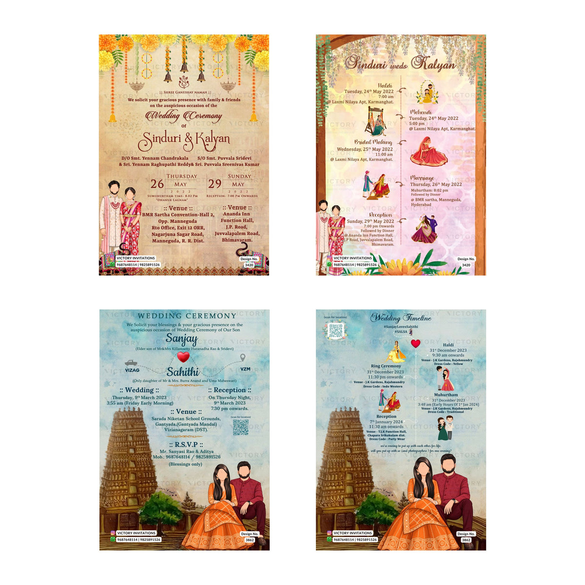 Traditional Indian wedding digital invitation card set 3307 featuring Sinduri and Kalyan, and Sanjay and Sahithi templates   