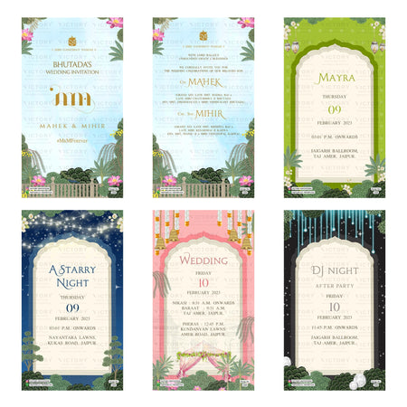 Traditional Indian wedding digital invitation card set 3308 featuring Mahek and Mihir, Mayra, A Starry Night, Wedding, and DJ Night templates at Taj Amer Jaipur.
