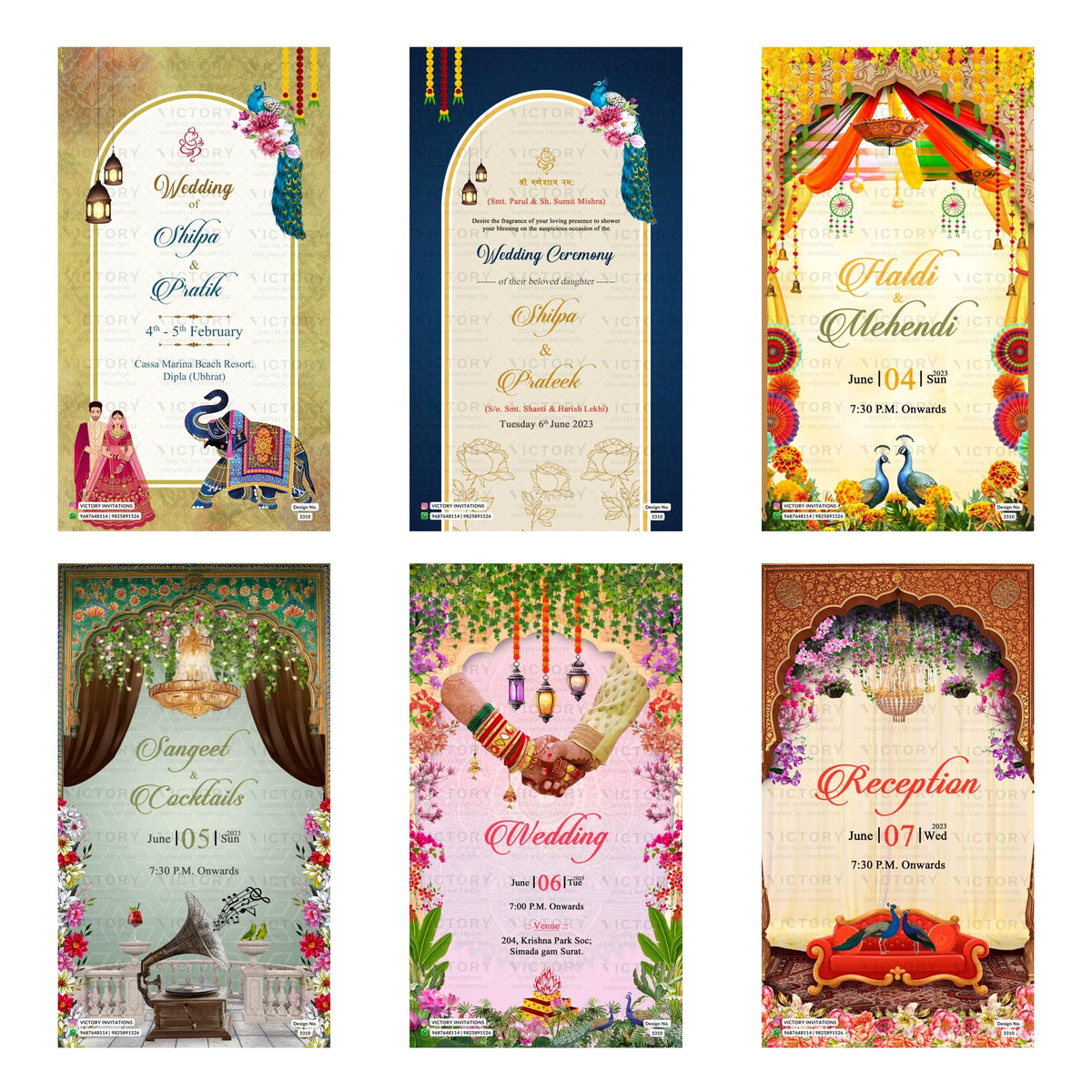 Traditional Indian wedding digital invitation card set 3310 featuring  Haldi & Mehendi, Sangeet & Cocktails, Wedding, and Reception templates.