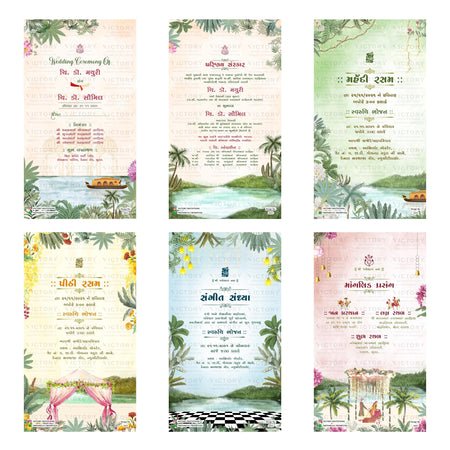 Traditional Gujarati wedding digital invitation card set 3311 featuring , Parinay Sanskar, Mehendi, Peethi, Sangeet, and Manglik Prasang templates.