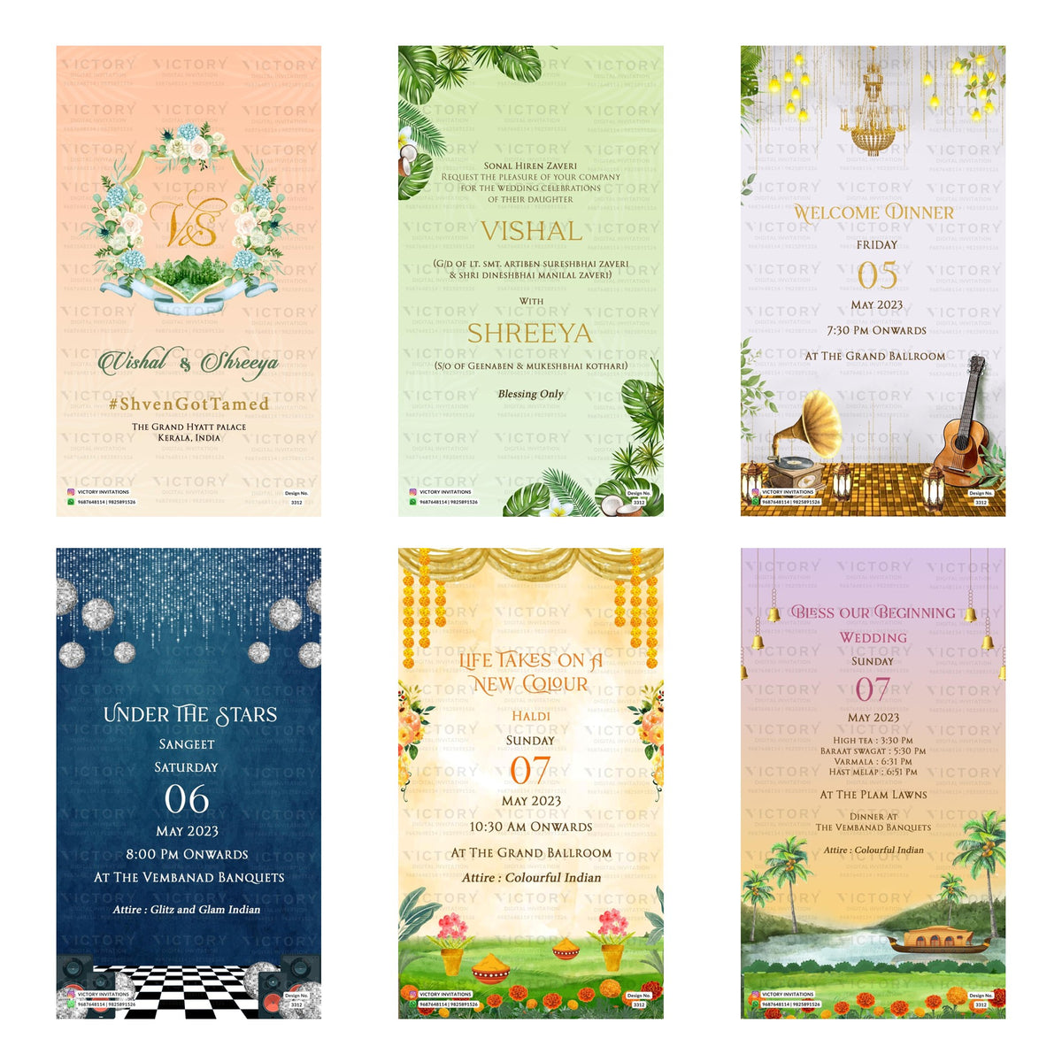 Six wedding invitation card designs arranged in a 2x3 grid, each with a different pastel background and decorative theme including floral wreaths, tropical leaves, hanging lanterns, stars, and beach scenery. The cards feature event details such as names, date, time, and venue.