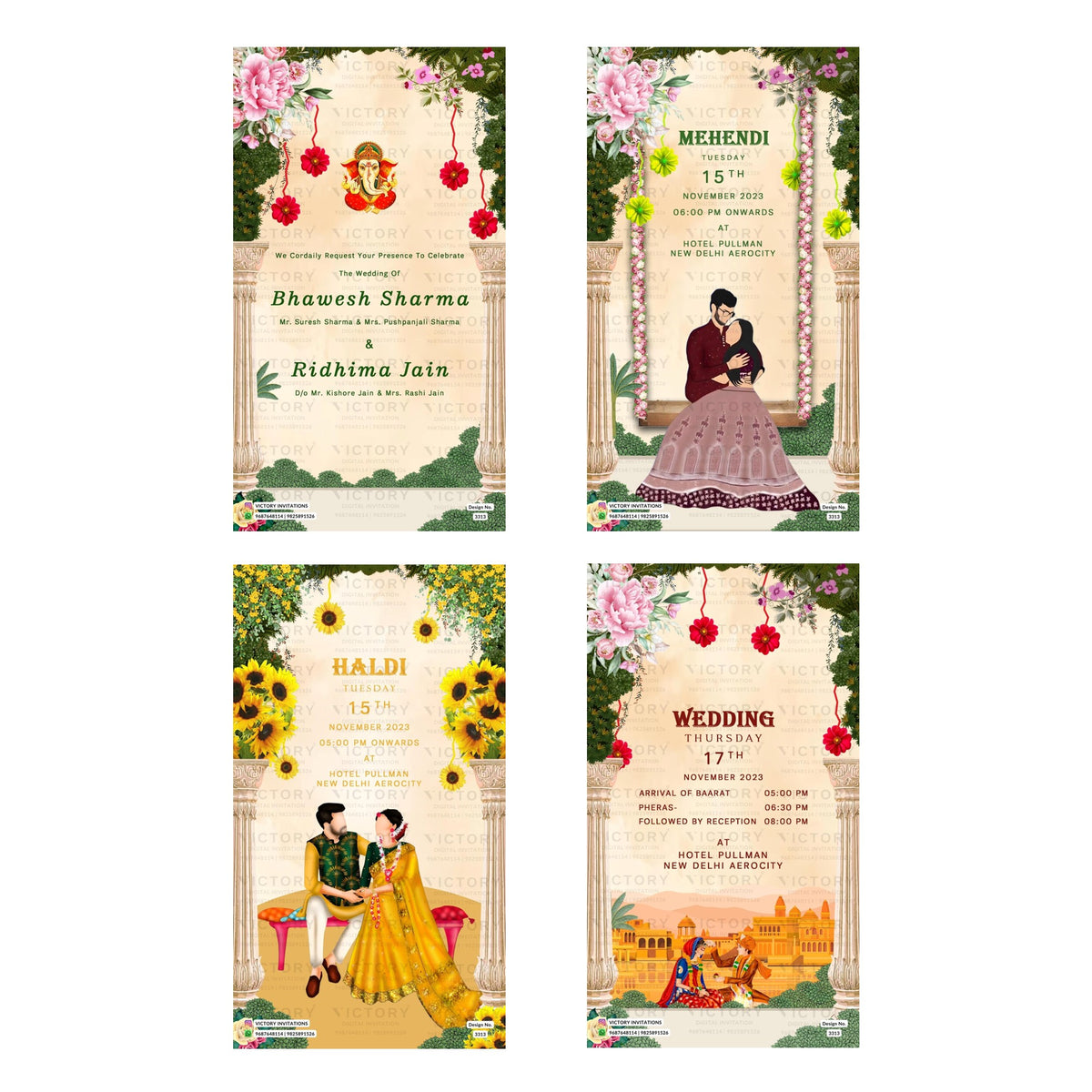 Four vertical wedding invitation card designs arranged in a 2x2 grid on a white background. Each card features traditional Indian motifs, including floral borders, hanging red flowers, and illustrated couples in festive attire.