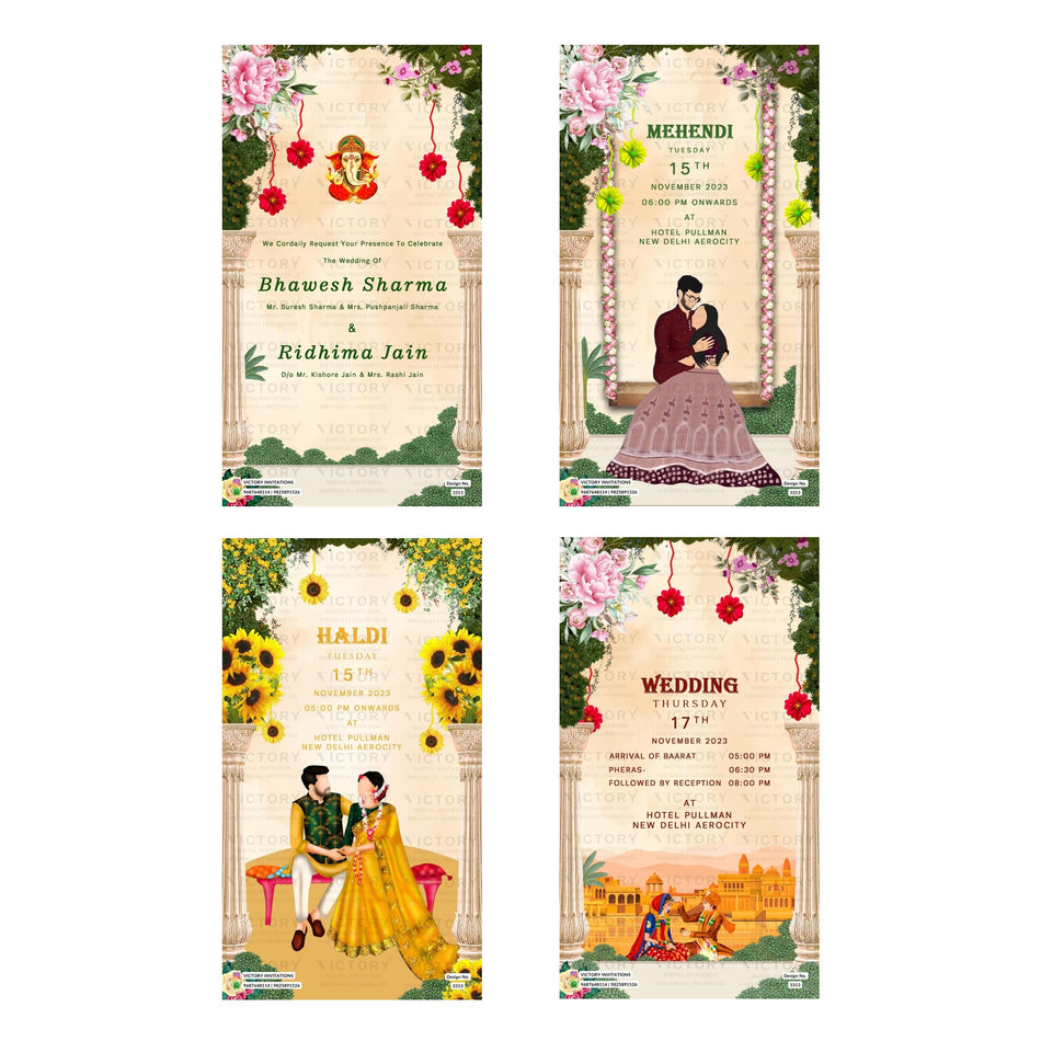 Four vertical wedding invitation card designs arranged in a 2x2 grid on a white background. Each card features traditional Indian motifs, including floral borders, hanging red flowers, and illustrated couples in festive attire.