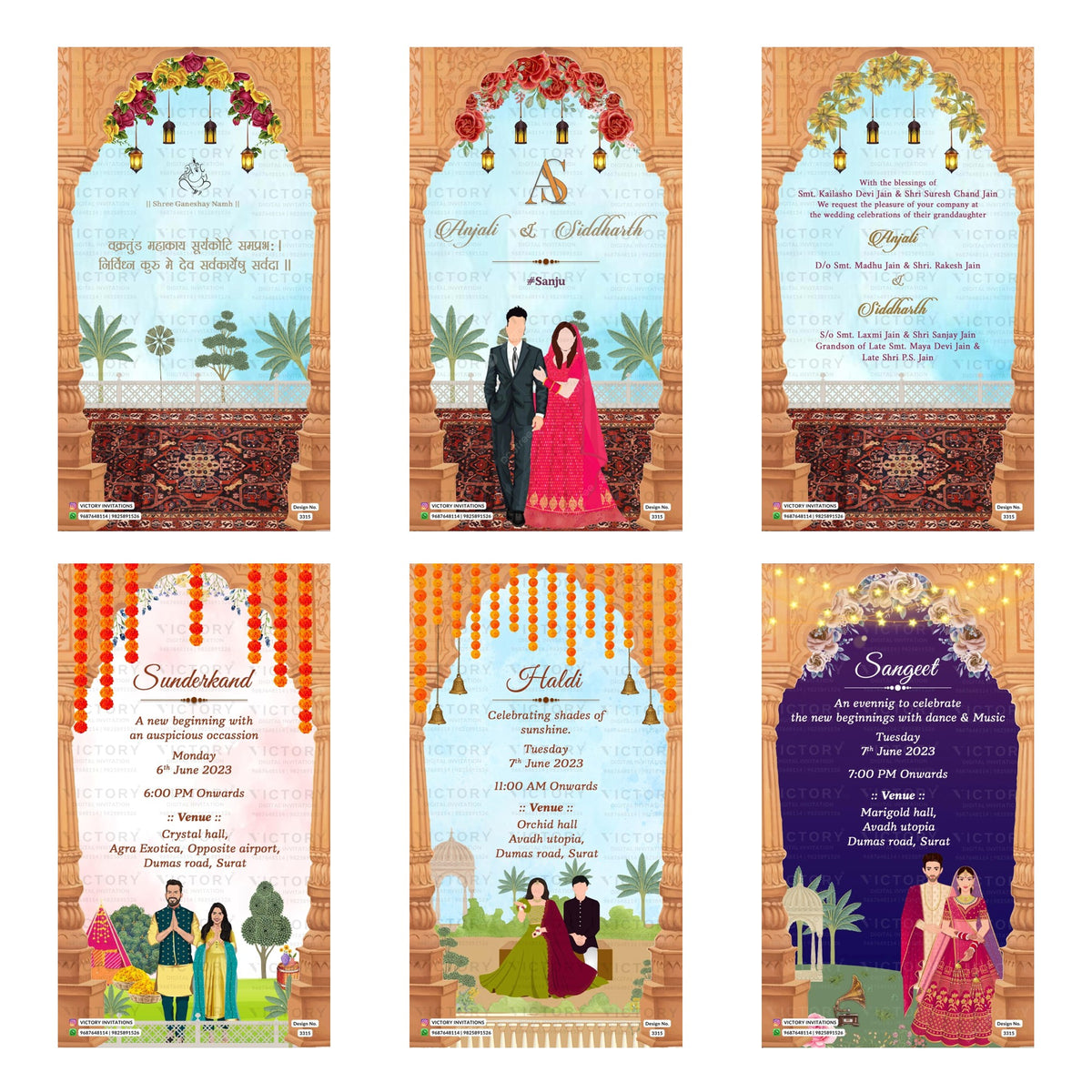 Six traditional Indian wedding invitation card designs arranged in a 2x3 grid, featuring ornate arches, floral decorations, and illustrations of couples in traditional attire.