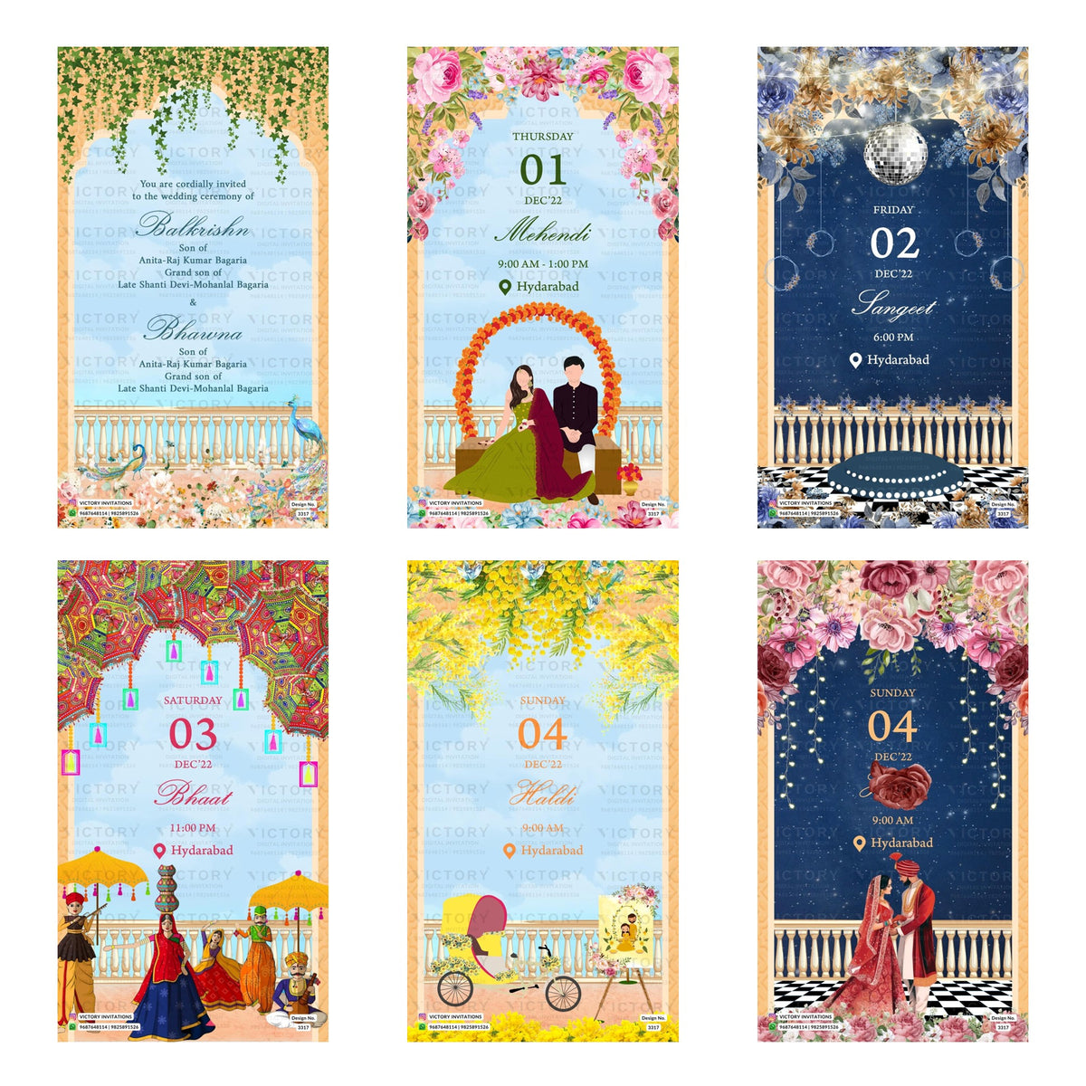 Six Indian wedding invitation card designs arranged in a 2x3 grid, featuring traditional motifs like floral arches, musical instruments, dancers, and celestial elements on a light blue musical sheet music background.