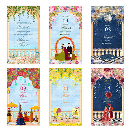 Six Indian wedding invitation card designs arranged in a 2x3 grid, featuring traditional motifs like floral arches, musical instruments, dancers, and celestial elements on a light blue musical sheet music background.