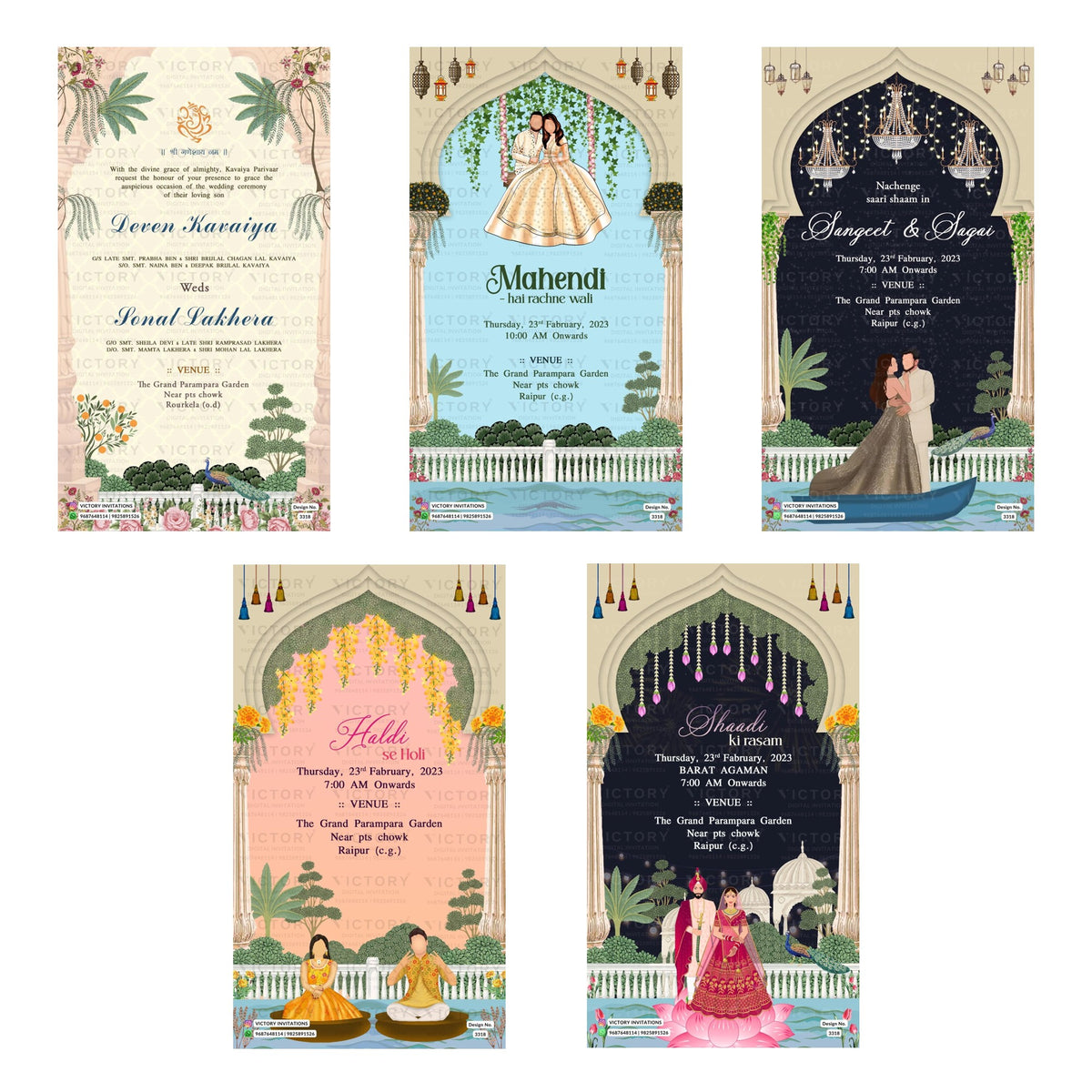 Traditional Indian wedding digital invitation card set 3318 featuring Mahendi, Sangeet & Sagai, Haldi, and Shaadi ki Rasam templates.