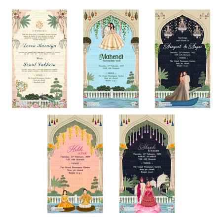 Traditional Indian wedding digital invitation card set 3318 featuring Mahendi, Sangeet & Sagai, Haldi, and Shaadi ki Rasam templates.