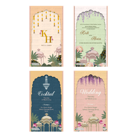 Four decorative invitation card designs arranged in a 2x2 grid on a white background. The cards feature ornate arch illustrations, floral accents, and text placeholders for events such as wedding, cocktail, and birthday celebrations.