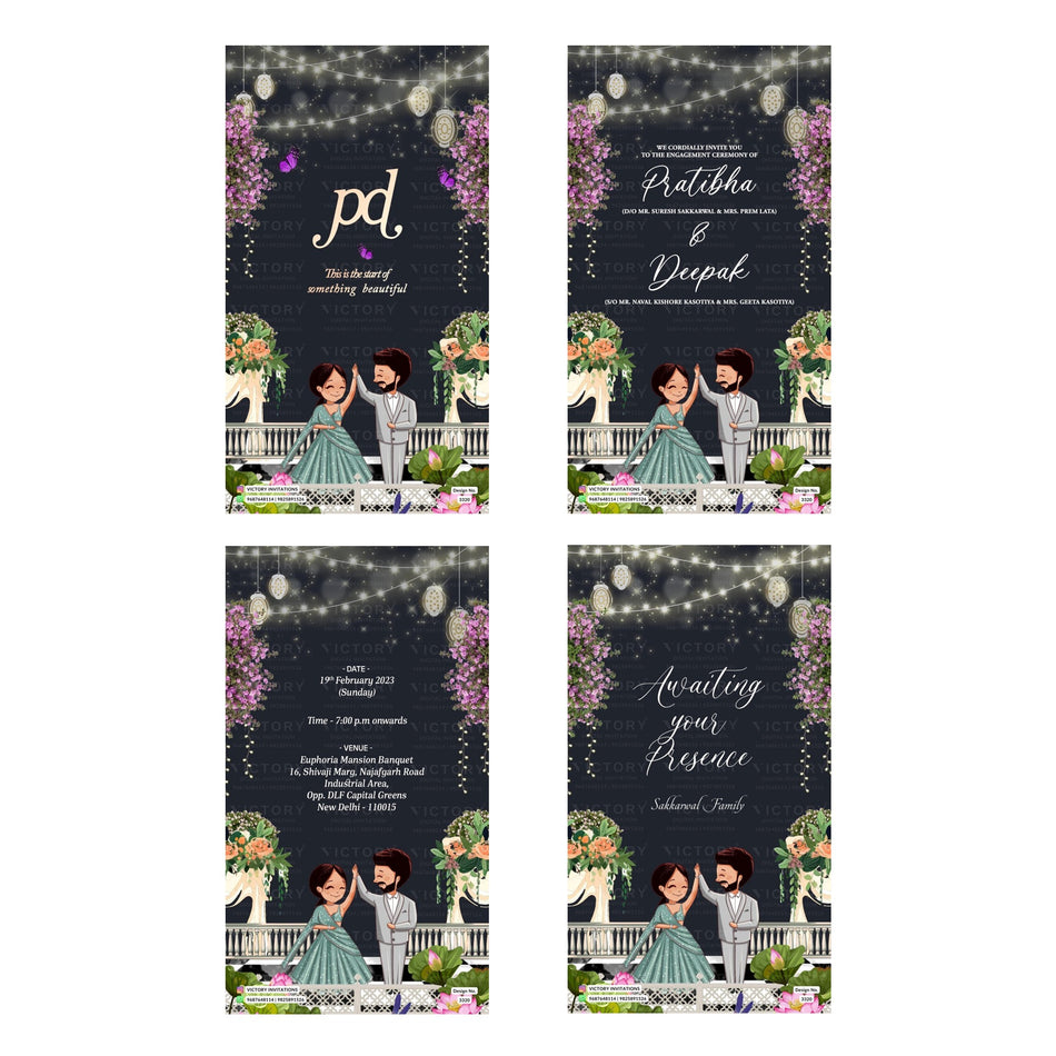 Modern Indian wedding digital invitation card set 3320 featuring Pratibha and Deepak engagement ceremony templates.