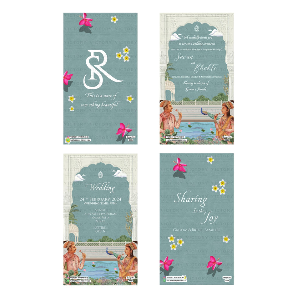 Traditional Indian wedding digital invitation card set 3321 featuring Savan and Bhakti, royal couple illustrations, and floral design accents.