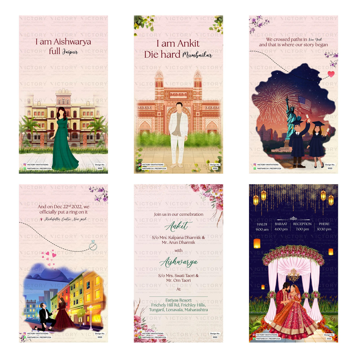 Modern Indian wedding digital invitation card set 3322 featuring, New York love story, engagement, and wedding celebration templates.