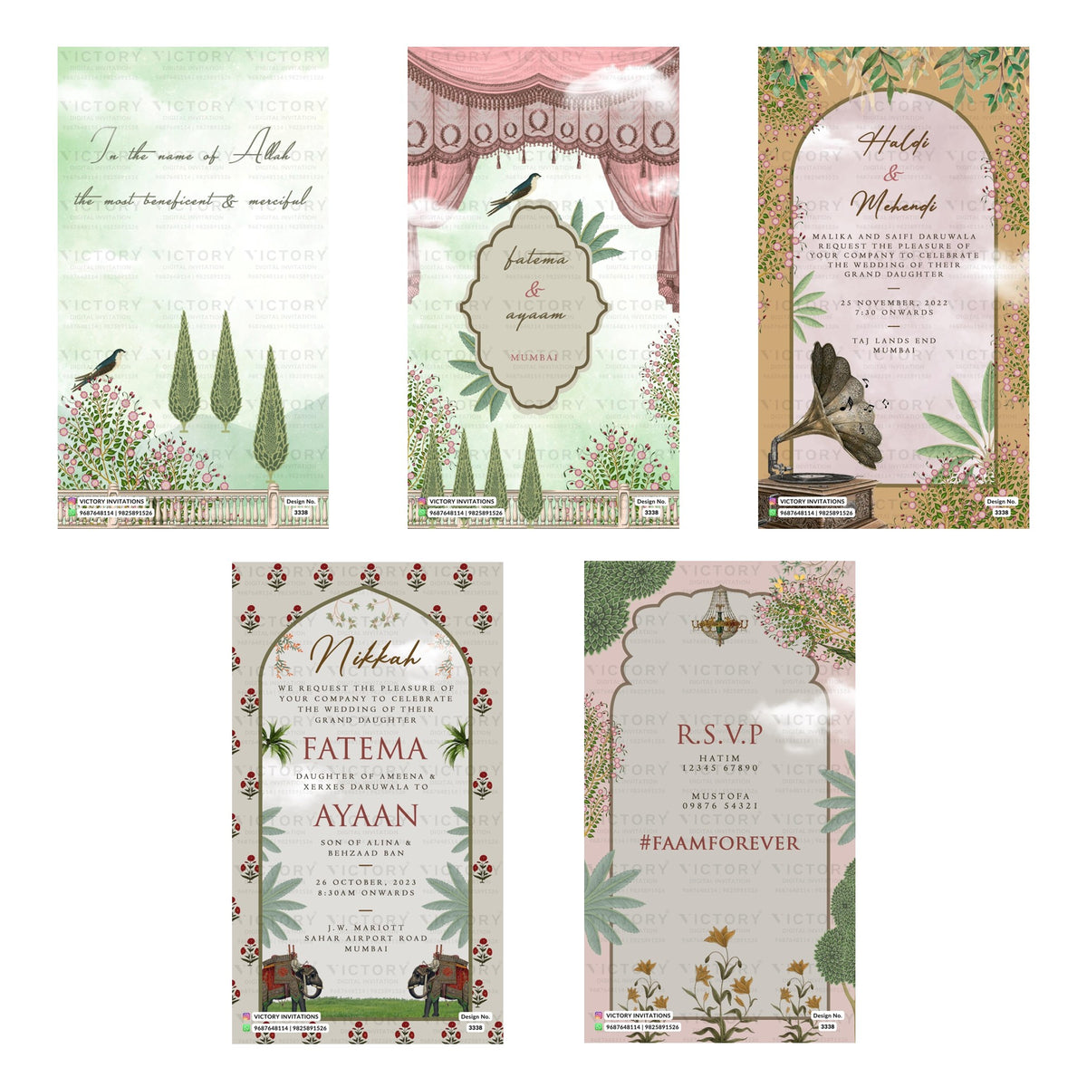 Traditional Muslim wedding digital invitation card set 3338 featuring Fatema and Ayaan, Haldi & Mehendi, and Nikkah templates.
