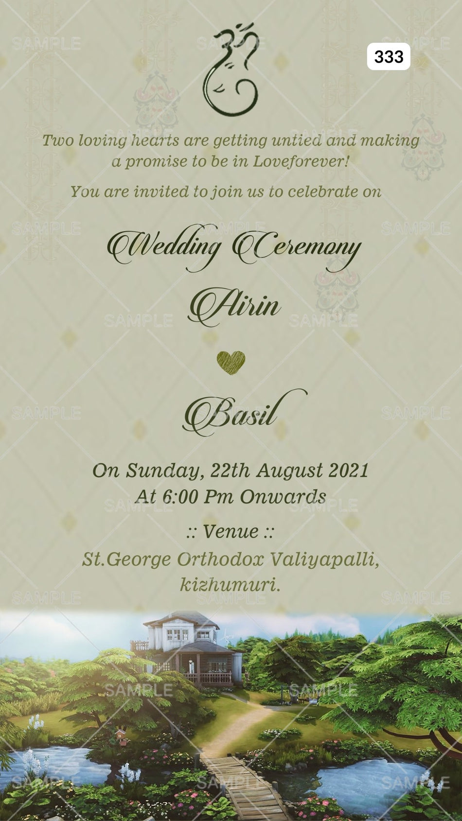 Wedding ceremony invitation card of hindu south indian malayali family in english language with Garden theme Canva Editable Template design 333