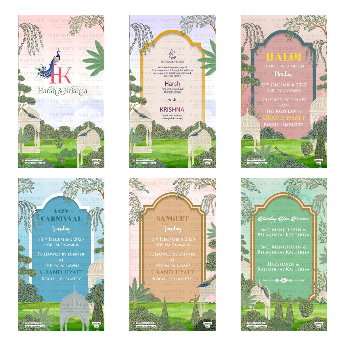 Traditional Indian wedding digital invitation card set 3341 featuring , Haldi Phoolon Ki Holi, Lazy Carnival, and Sangeet templates.