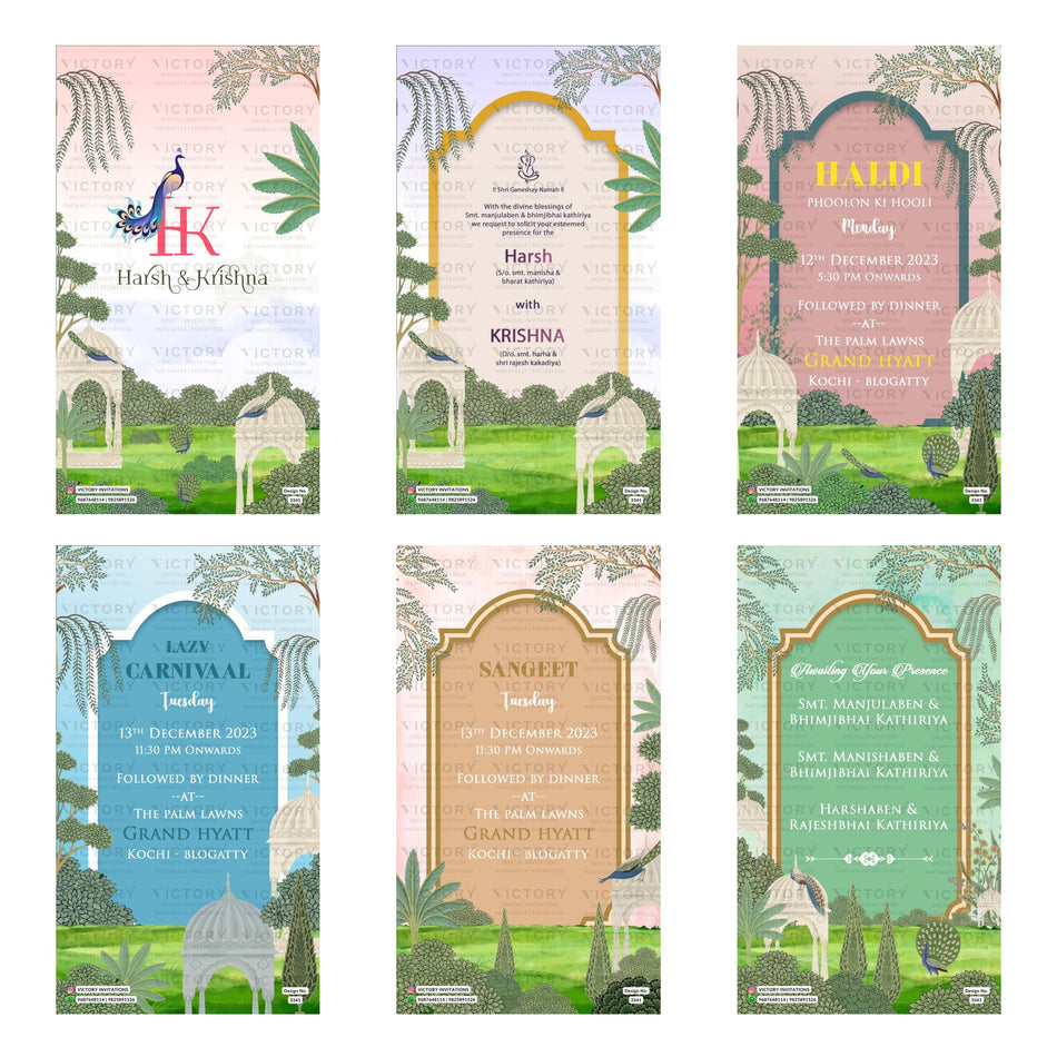 Traditional Indian wedding digital invitation card set 3341 featuring , Haldi Phoolon Ki Holi, Lazy Carnival, and Sangeet templates.