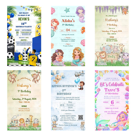 Children's birthday party digital invitation card set 3341 featuring themes like football, mermaid, jungle wild party, and unicorn celebrations   