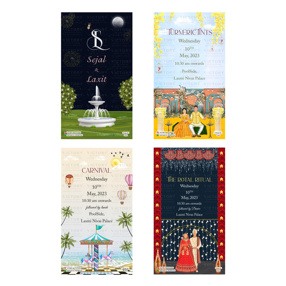Editable Night Fountain & Carnival Indian Wedding Invitation PSD Bundle A 3138