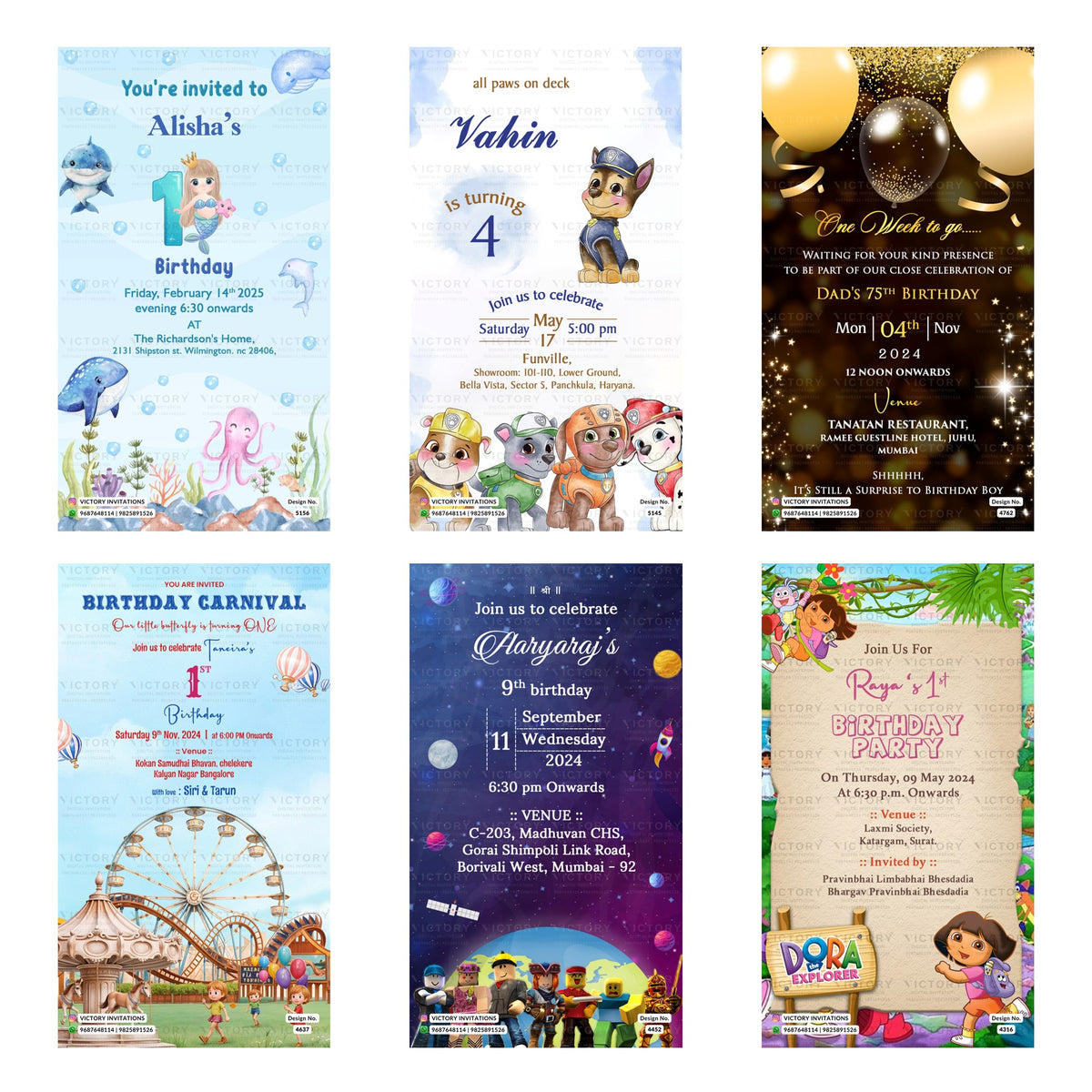 Children's and milestone birthday party digital invitation card set 3342 featuring themed templates including sea animal, Paw Patrol, adult milestone, butterfly carnival, space theme, and Dora the Explorer   