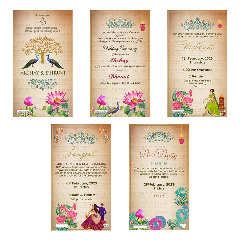 Traditional Indian wedding digital invitation card set 3343 featuring , Mehendi, Sangeet, Godh & Tilak, and Pool Party templates.