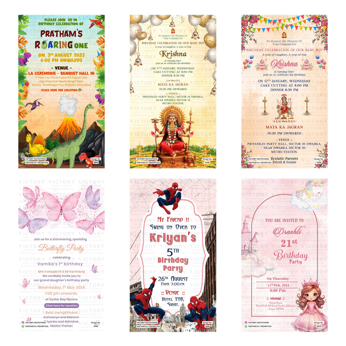 Children's and milestone birthday party digital invitation card set 3344 featuring jungle animal theme, Mata Ka Jagran celebration, shimmering butterfly party, superhero Spider-Man theme, and 21st princess birthday templates   