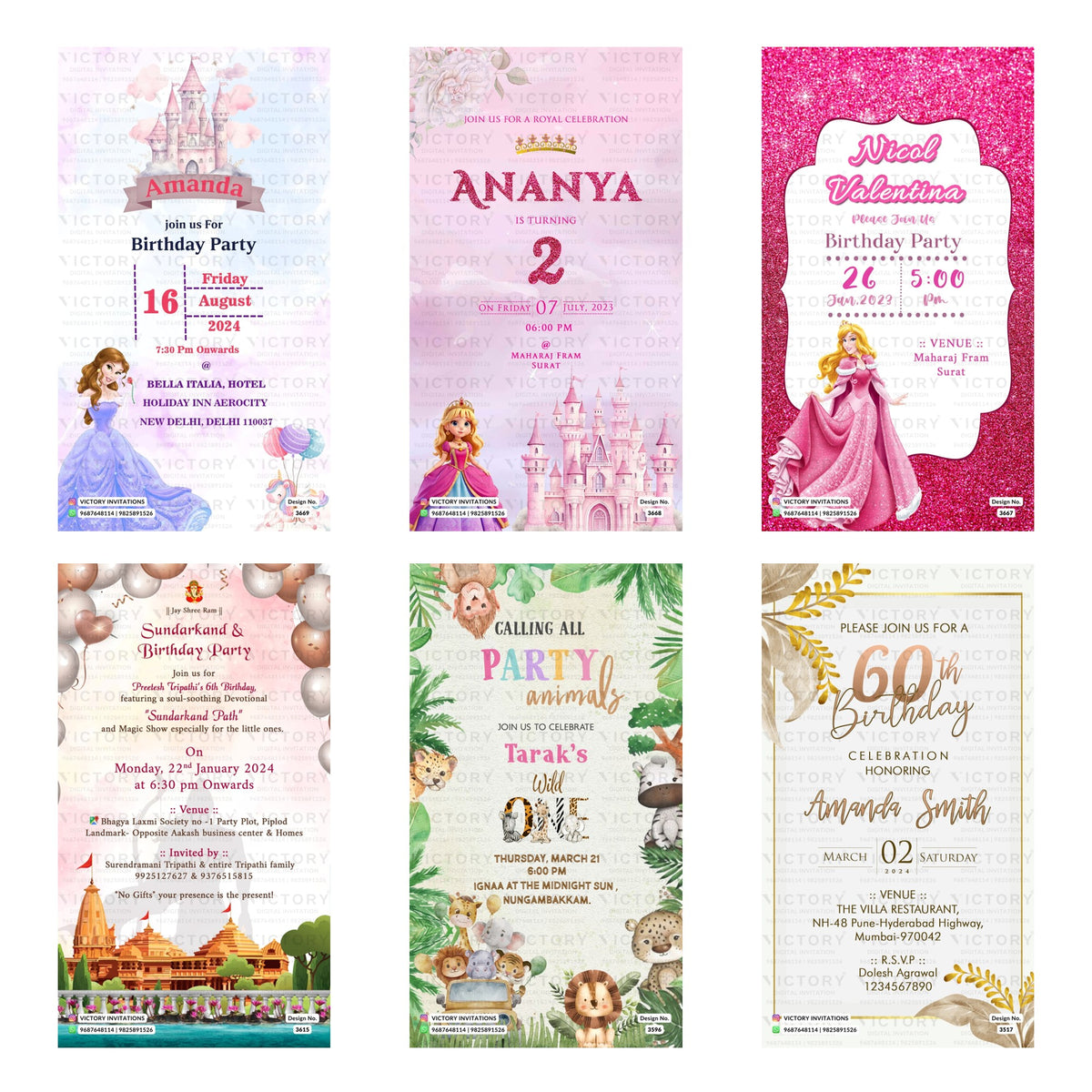 Children's and adult milestone birthday party digital invitation card set 3345 featuring princess theme, Sundarkand and devotional party, wild jungle animal 'Wild One' theme, and 60th milestone birthday templates   