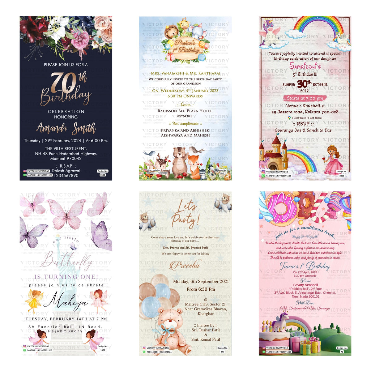 Children's and adult milestone birthday party digital invitation card set 3346 featuring 70th milestone birthday, jungle animal 1st birthday, mermaid 5th birthday, butterfly theme, teddy bear theme, and candy-themed 1st birthday templates   