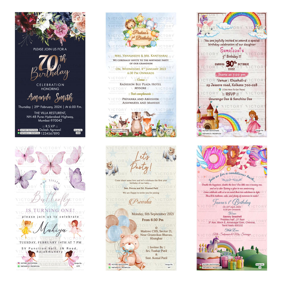 Children's and adult milestone birthday party digital invitation card set 3346 featuring 70th milestone birthday, jungle animal 1st birthday, mermaid 5th birthday, butterfly theme, teddy bear theme, and candy-themed 1st birthday templates   