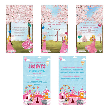 Children's birthday party digital invitation card set 3348 featuring princess fairy tale themes and circus carnival party templates   