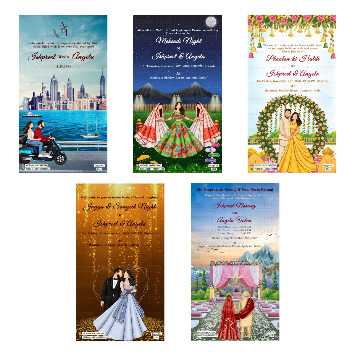 Traditional Indian wedding digital invitation card set 3349 featuring Ishpreet and Angela templates with Narang and Vohra family branding   