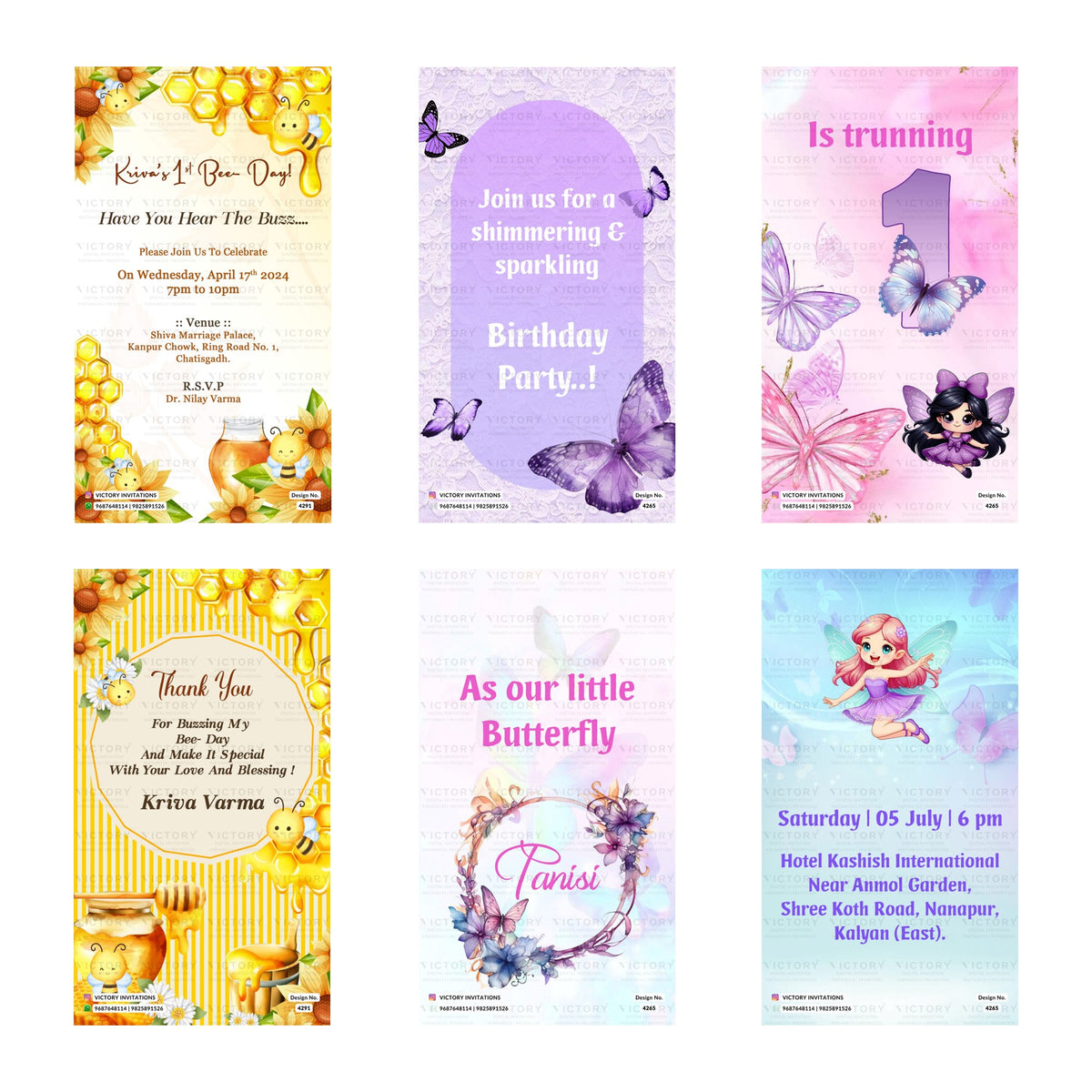 Children's birthday party digital invitation card set 3349 featuring bumblebee 'Bee-Day' and shimmering purple butterfly birthday party templates   