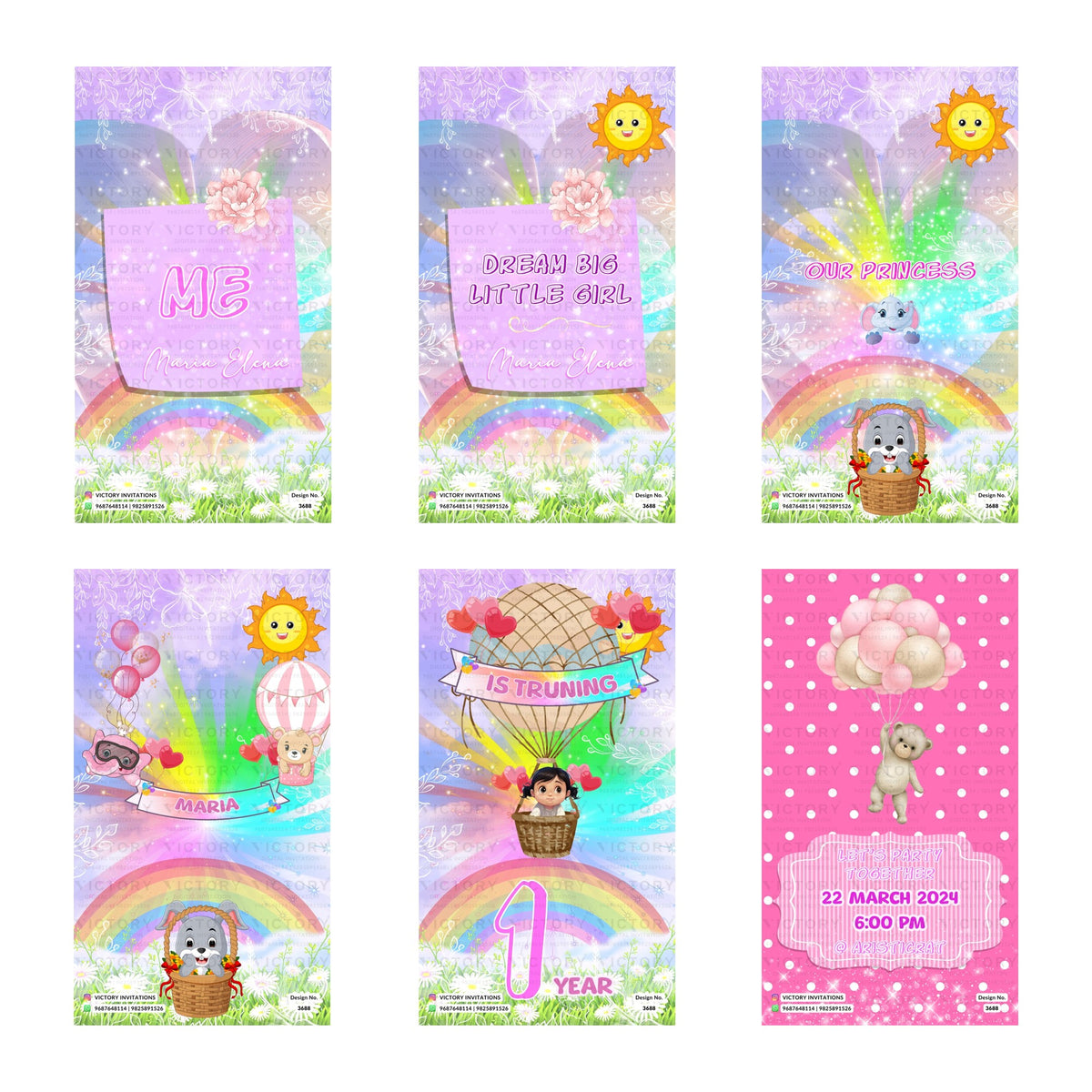 Children's 1st birthday party digital invitation card set 3351 featuring rainbow, sun, cute animal hot air balloon, and teddy bear templates for Maria Elena   