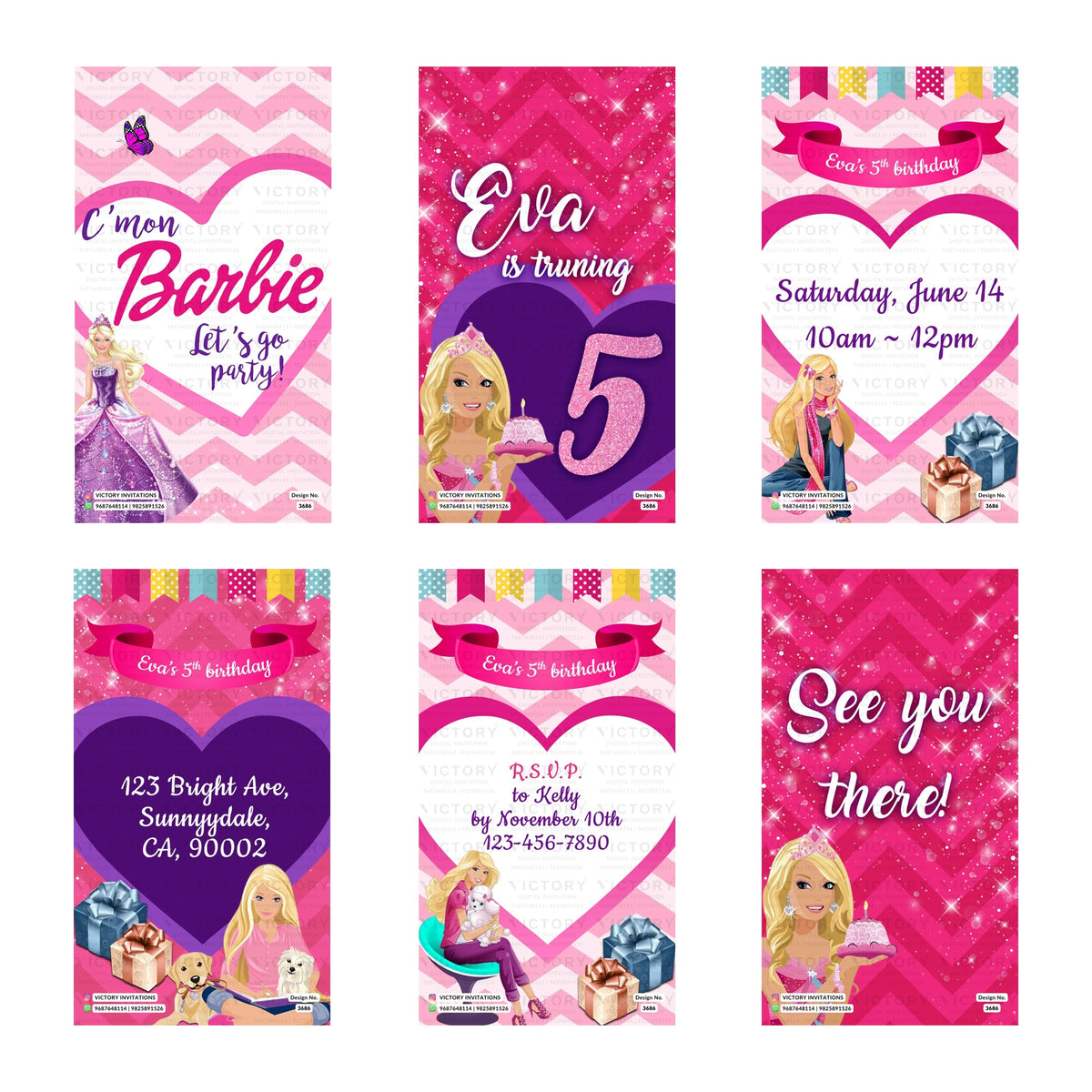 Children's 5th birthday party digital invitation card set 3352 featuring Barbie theme pink and purple templates for Eva   