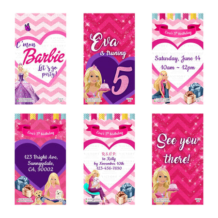 Children's 5th birthday party digital invitation card set 3352 featuring Barbie theme pink and purple templates for Eva   
