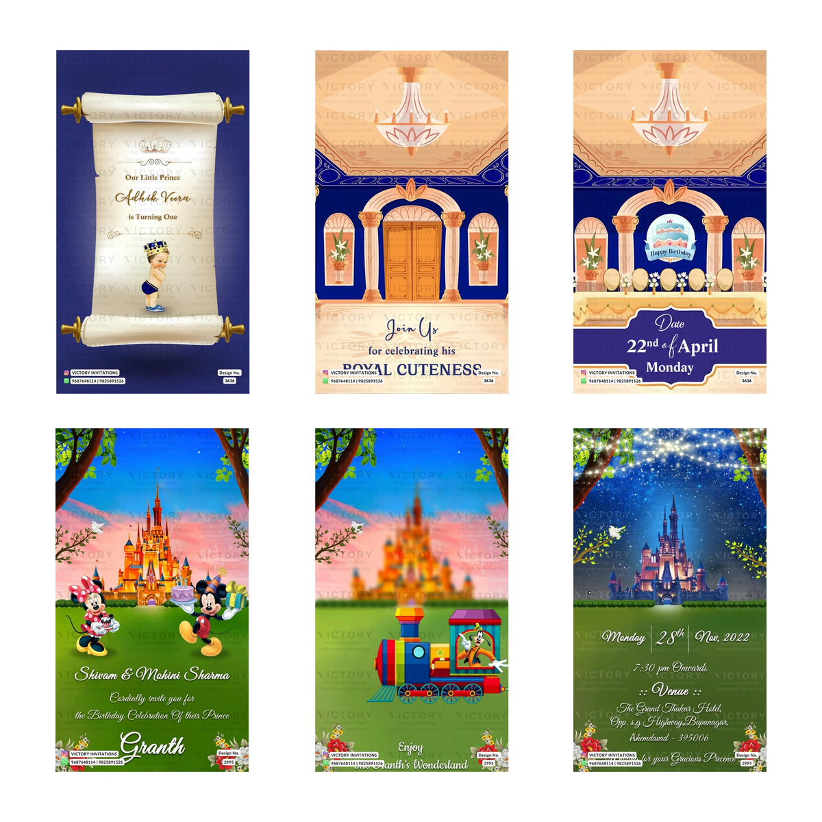 Children's 1st birthday digital invitation card set 3353 featuring royal scroll, palace arch, and Mickey Mouse castle wonderland themes for Granth   